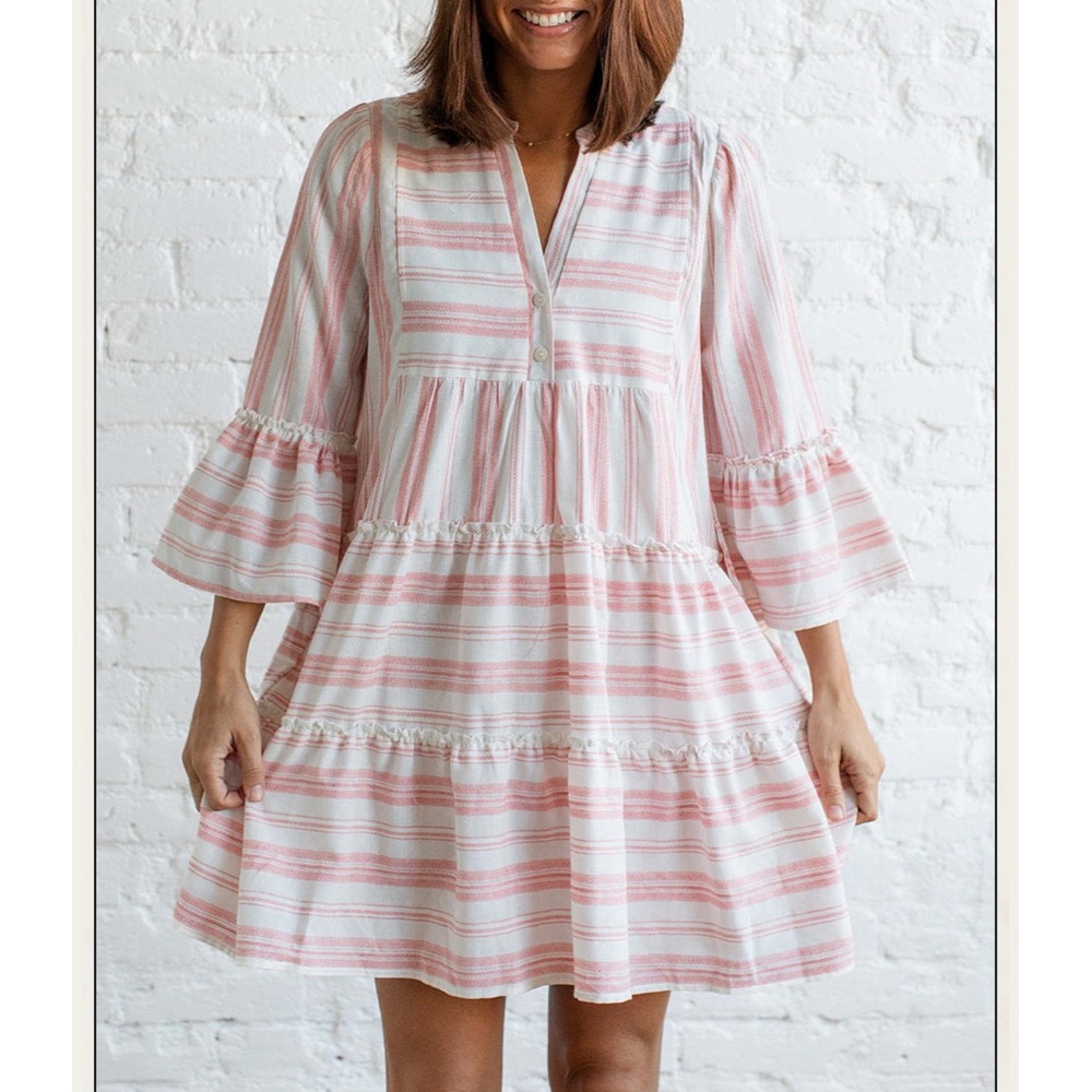 Fate Women's Size Small Pink/White Striped Topanga Tunic Mini Dress Bell Sleeve